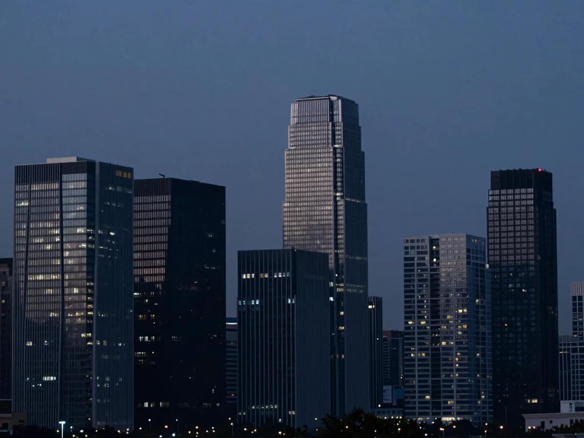 Wide shot of a modern financial district skyline at dusk, deep navy tones, sharp architectural lighting, muted corporate