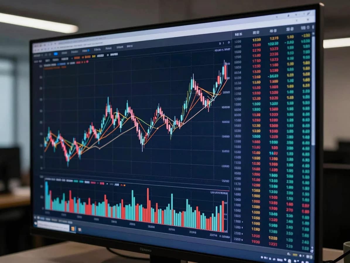 Abstract data visualization chart on a screen in a dimly lit modern office, showing complex financial data, deep navy to