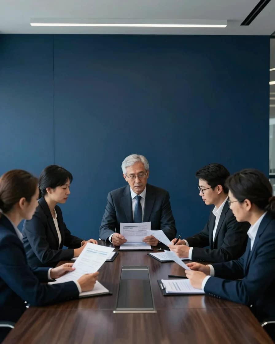 Financial professionals in a modern boardroom, discussing audit documents and financial reports, sharp architectural lig